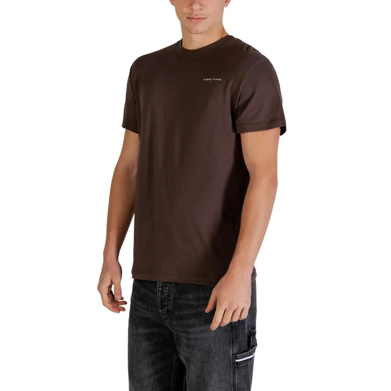 Tommy Hilfiger Jeans men brown crew-neck t-shirt with subtle white embroidery on left chest for casual wear
