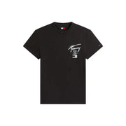 Schwarze Tommy Hilfiger Jeans für Herren t-shirt mit weißem Grafiklogo auf der Brust und kleinem Flaggenanhänger am Kragen