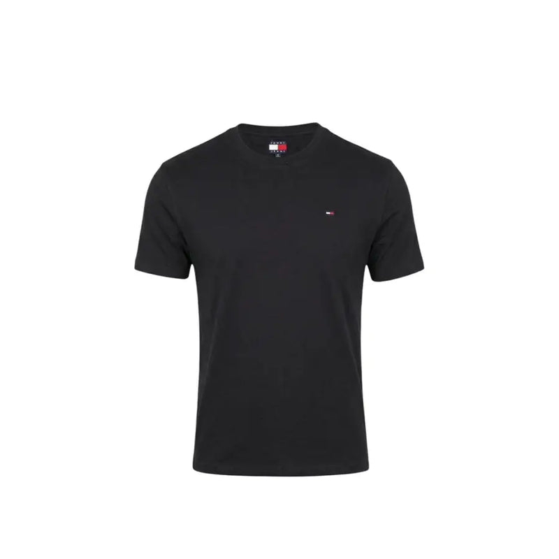 Tommy Hilfiger Jeans schwarzes Herren-Kurzarmshirt mit Rundhalsausschnitt t-shirt mit kleinem, gesticktem Flaggenlogo auf der linken Brust