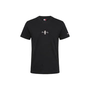 Schwarz Tommy Hilfiger Jeans Männer t-shirt mit weißer New Yorker Schrift und vertikal gestreiftem Emblem auf der Brust