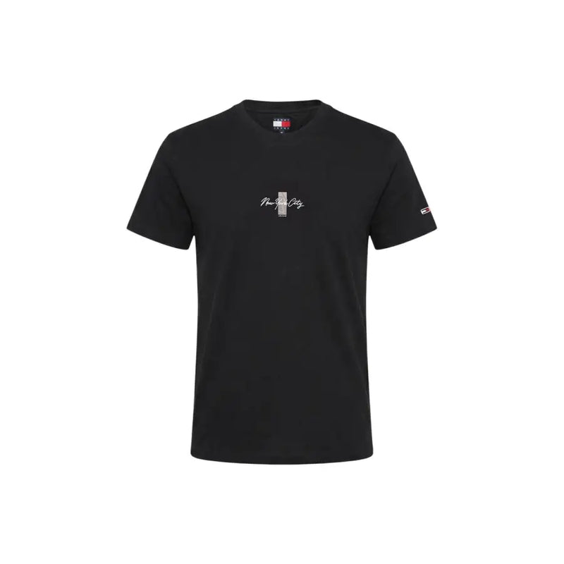 Schwarz Tommy Hilfiger Jeans Männer t-shirt mit weißer New Yorker Schrift und vertikal gestreiftem Emblem auf der Brust