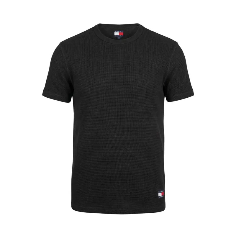 Schwarze Tommy Hilfiger Jeans für Herren t-shirt Kurzärmeliges Waffelstrickshirt mit klassischem Rundhalsausschnitt und dezenten Markenlogo-Etiketten