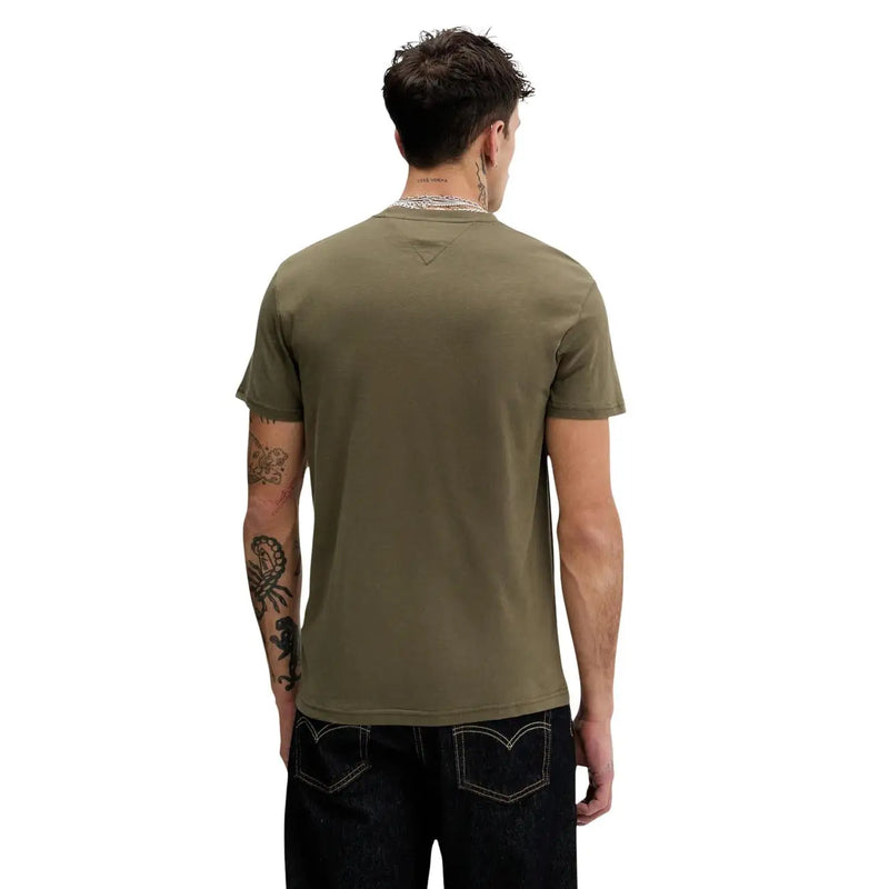 Olive green cotton t-shirt with subtle triangular logo at neckline from tommy hilfiger jeans men collection