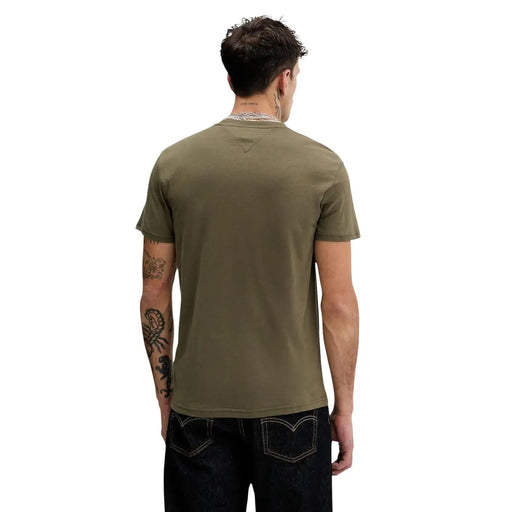 Olive green cotton t-shirt with subtle triangular logo at neckline from tommy hilfiger jeans men collection