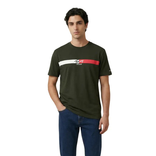 Olive green tommy hilfiger jeans men t-shirt with white and red horizontal stripe and brand logo across the chest