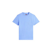 Hellblaues Tommy Hilfiger Jeans Herren-T-Shirt aus Bio-Baumwolle mit kurzen Ärmeln und dezentem, gesticktem Logo auf der Brust.