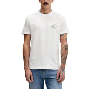 Weiß Tommy Hilfiger Jeans Männer t-shirt mit dezentem grauen Logo auf der Brust und kleinem Markenetikett am Ärmel