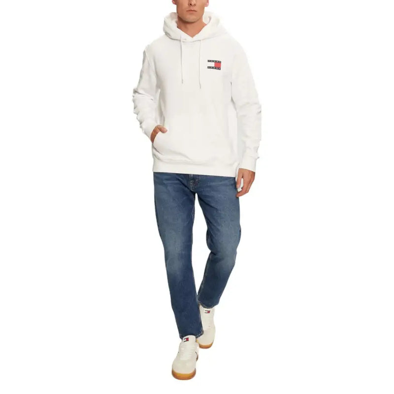 Men’s white Tommy Hilfiger hoodie with small flag logo on chest for stylish comfort