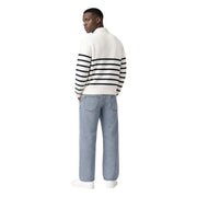 Tommy Hilfiger Jeans Weißes Herren-Sweatshirt aus Bio-Baumwolle mit cremefarbenem Strickmuster, schwarzen Streifen und gerippten Bündchen
