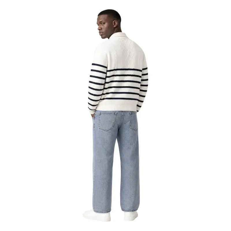 Tommy Hilfiger Jeans Weißes Herren-Sweatshirt aus Bio-Baumwolle mit cremefarbenem Strickmuster, schwarzen Streifen und gerippten Bündchen