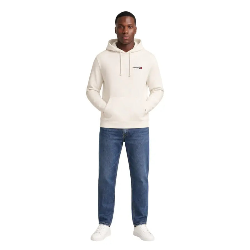 Tommy Hilfiger Jeans Weißes Herren-Sweatshirt aus Bio-Baumwolle mit cremefarbener Levi's-Kapuzenjacke und kleinem Logo auf der Brust