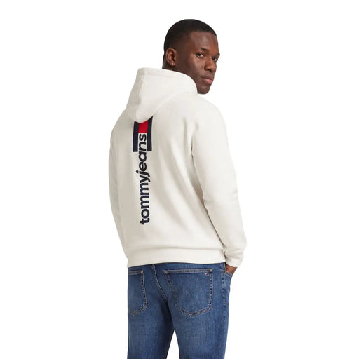 Cream-colored tommy hilfiger jeans men white organic cotton sweatshirt hoodie with vertical black logo and back stripe