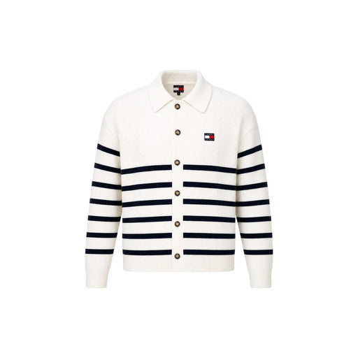 A cream-colored knit cardigan with navy blue stripes and button closure styled with a tommy hilfiger jeans men white organic cotton sweatshirt