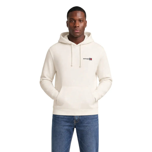 Cream-colored tommy hilfiger hoodie with small chest logo and drawstrings made of white organic cotton for men