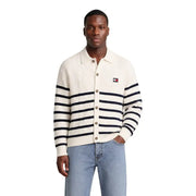 Cremefarbene Strickjacke mit marineblauen Streifen und Tommy Hilfiger Logo-Patch für Herren aus Bio-Baumwolle