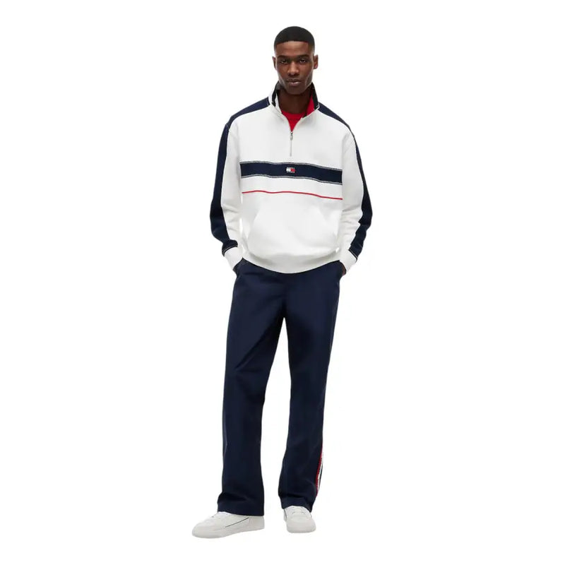 Tommy Hilfiger Herren-Trainingsjacke aus Bio-Baumwolle in Weiß und Marineblau mit roten Ziernähten