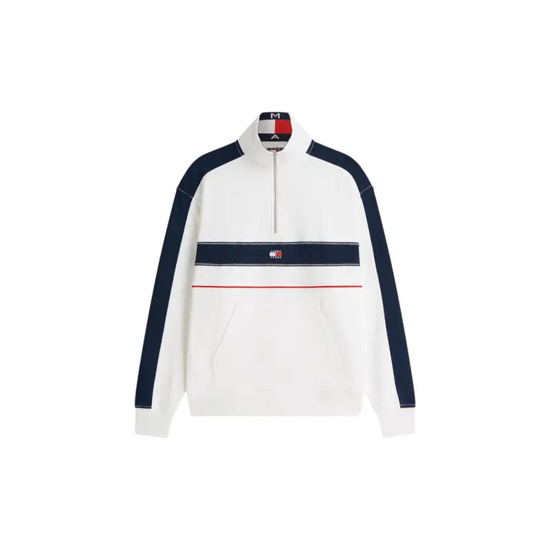 Weißes Tommy Hilfiger Jeans Herren-Sweatshirt mit halbem Reißverschluss, marineblauen Ärmeln und roten Ziernähten aus Bio-Baumwolle
