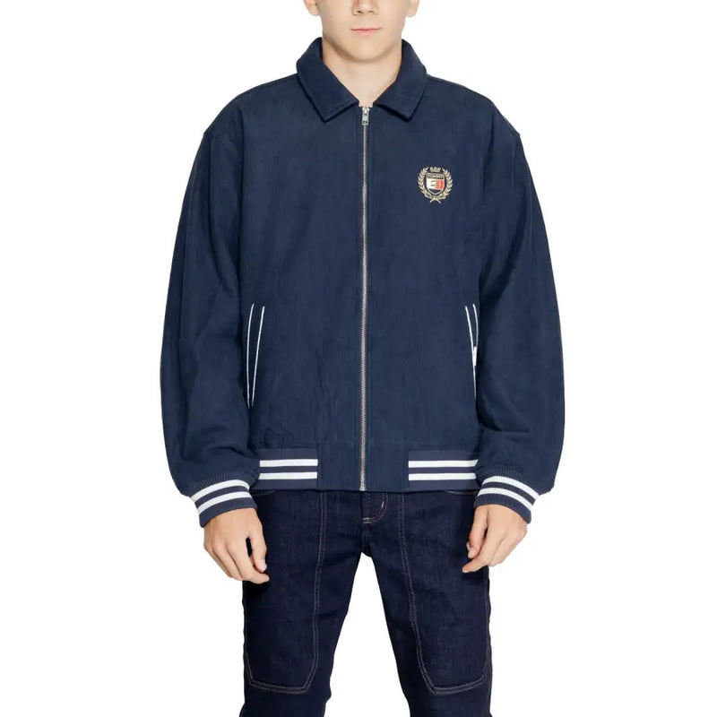 Men’s navy blue bomber jacket with white striped hem and cuffs from Tommy Hilfiger Jeans