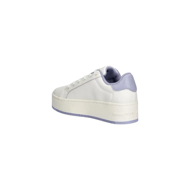 Tommy Hilfiger Jeans white leather women sneakers with a clean leather upper and lavender accents on heel and sole edge