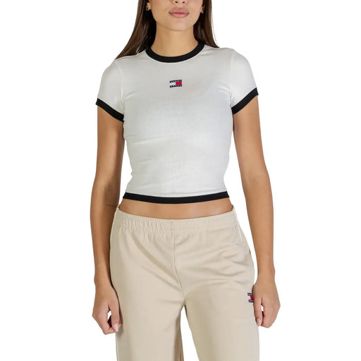 Tommy Hilfiger womens black organic cotton ribbed cropped tee with trim