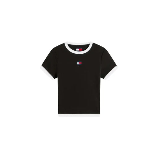 Black tommy hilfiger jeans women organic cotton t-shirt with white ribbed trim on collar sleeve cuffs and hem