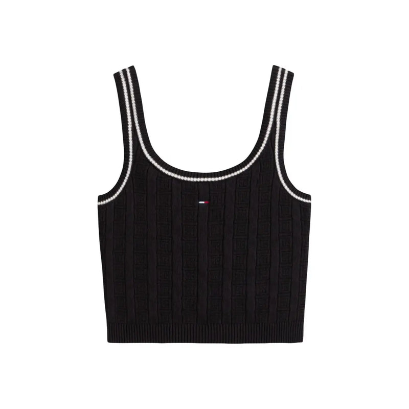 Tommy Hilfiger schwarze, gerippte Damen-Jeans, kurze top mit weißem Besatz und kleinem Logo aus Bio-Baumwolle