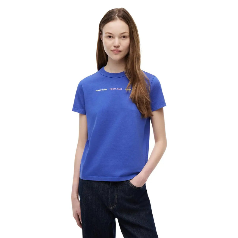 Tommy Hilfiger Jeans Damen-T-Shirt aus blauer Bio-Baumwolle mit weißem Logo-Schriftzug auf der Brust