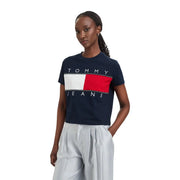 Marineblau Tommy Hilfiger Jeans Frauen t-shirt aus Bio-Baumwolle mit einem weiß-roten Flaggenlogo auf der Brust