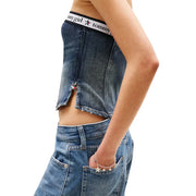 Blaue Tommy Girl Jeans, kurz geschnitten top mit Sternenapplikation und offenem Saum aus Bio-Baumwolle von Tommy Hilfiger Jeans Frauen