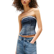 Trägerloses Korsett aus blauem Denim top mit weißem, elastischem Tommy-Girl-Bündchen aus Bio-Baumwolle von Tommy Hilfiger Jeans