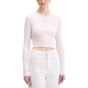Tommy Hilfiger womens pink soft ribbed knit cropped cardigan with round neckline and logo on left chest