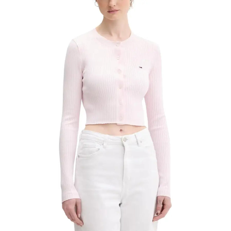 Tommy Hilfiger womens pink soft ribbed knit cropped cardigan with round neckline and logo on left chest