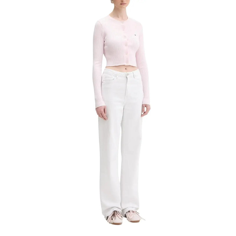 Tommy hilfiger jeans women pink long-sleeved cropped knit cardigan with button front and subtle ribbed texture