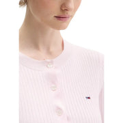 Tommy Hilfiger jeans women pink soft ribbed knit cardigan with round neckline white buttons and chest logo embroidery