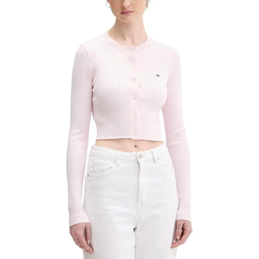 Tommy Hilfiger Jeans women pink ribbed knit cropped button cardigan