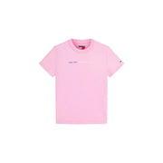 Pinkfarbenes Tommy Hilfiger Jeans Damen-T-Shirt aus Bio-Baumwolle mit dezentem, mehrfarbigem Logo und kleinem Flaggenemblem am Ärmel