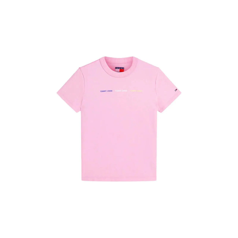 Pinkfarbenes Tommy Hilfiger Jeans Damen-T-Shirt aus Bio-Baumwolle mit dezentem, mehrfarbigem Logo und kleinem Flaggenemblem am Ärmel