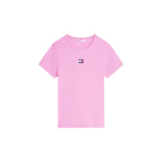 Rosa Tommy Hilfiger Kurzärmeliges, geripptes Baumwoll-T-Shirt mit kleinem Logo-Patch auf der Brust für Damen