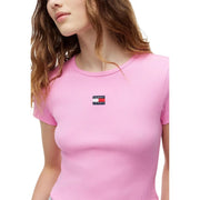 Rosa geripptes Kurzarm-T-Shirt aus Baumwolle von Tommy Hilfiger Jeans mit kleinem Logo-Patch auf der Brust
