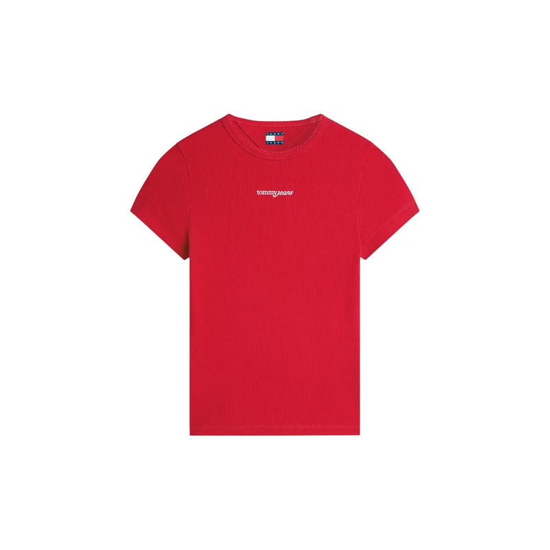 Tommy Hilfiger Jeans Rotes Damen-T-Shirt aus Bio-Baumwolle mit kurzen Ärmeln und dezentem, weißem, gesticktem Logo auf der Brust