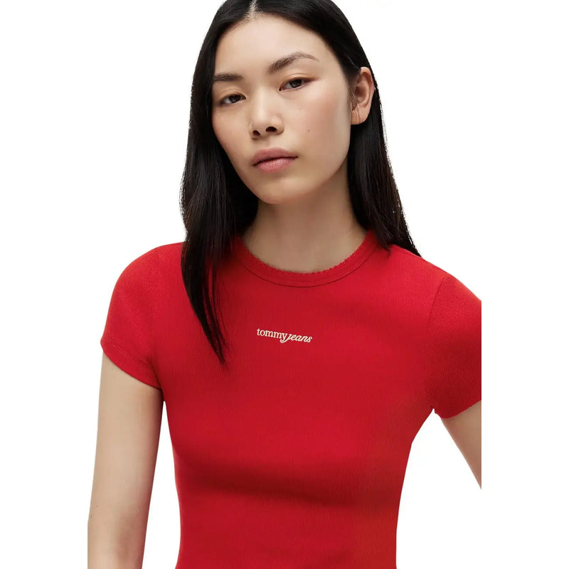 Rotes, geripptes Kurzarm-T-Shirt aus Bio-Baumwolle mit weißer Tommy-Jeans-Stickerei von Tommy Hilfiger Jeans Frauen