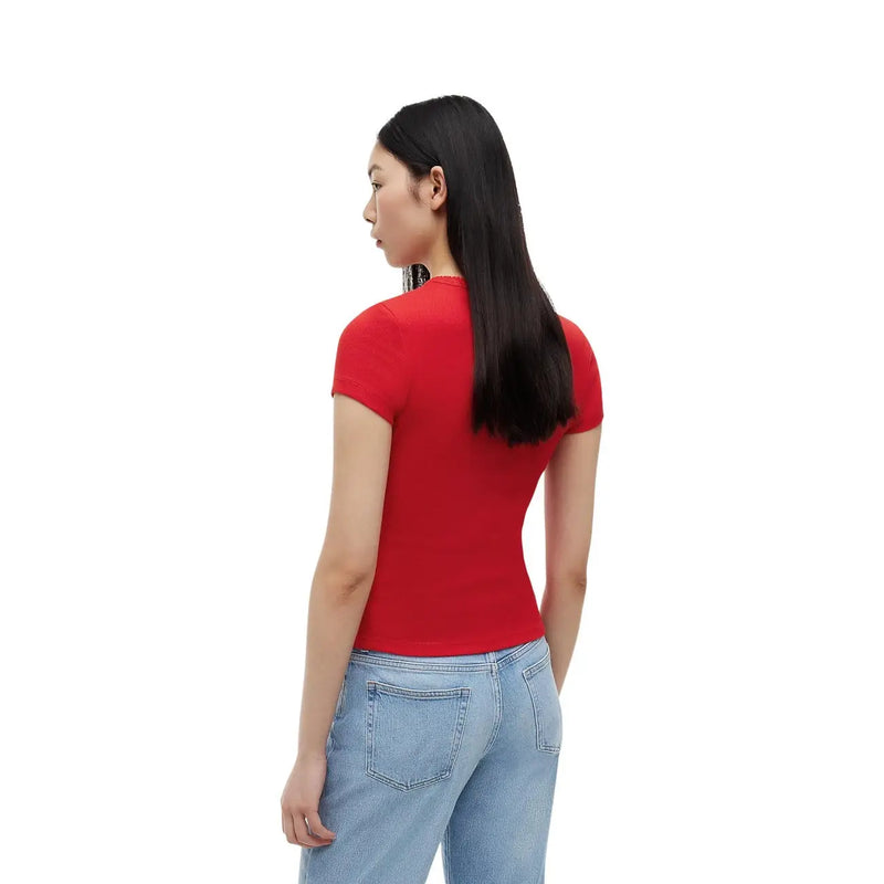 Tommy Hilfiger Jeans Damen-T-Shirt aus roter Bio-Baumwolle, tailliert, kurzärmelig, Vorderansicht