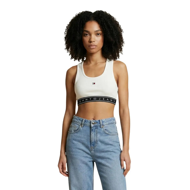 Tommy Hilfiger Jeans Ärmelloses, weißes Crop-Top mit Rundhalsausschnitt für Damen top mit schwarzem Band, das das Markenlogo trägt