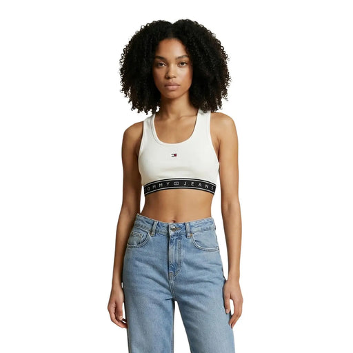 Tommy Hilfiger Jeans Ärmelloses, weißes Crop-Top mit Rundhalsausschnitt für Damen top mit schwarzem Band, das das Markenlogo trägt