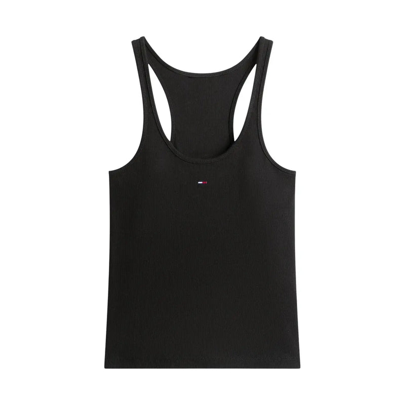 Schwarzes, geripptes Racerback-Tanktop aus Baumwolle top mit kleinen Tommy Hilfiger Logo auf der Brust für Damen-Freizeitkleidung