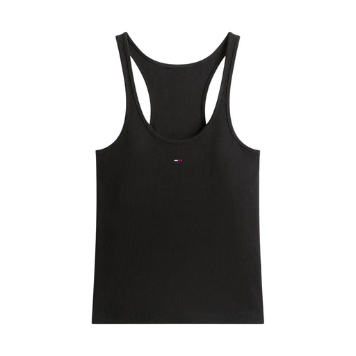 Schwarzes, geripptes Racerback-Tanktop aus Baumwolle top mit kleinen Tommy Hilfiger Logo auf der Brust für Damen-Freizeitkleidung