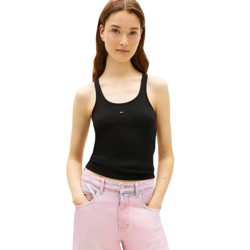 Schwarzes Baumwoll-Tanktop von Tommy Hilfiger top mit Rundhalsausschnitt und kleinem Logo auf der Brust für Damen