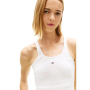 Weißes geripptes Baumwoll-Tanktop top mit kleinen Tommy Hilfiger Logo auf der linken Brust für Damen-Freizeitbekleidung