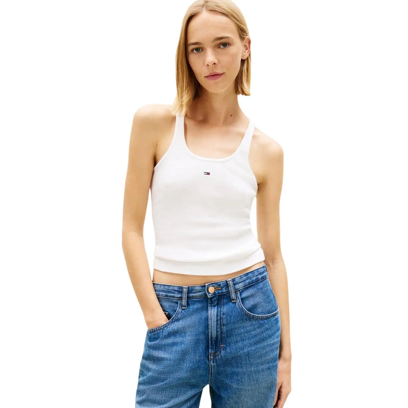 Kurzes Tanktop aus weißer Baumwolle top mit kleinen Tommy Hilfiger Logo auf der Brust, geeignet für Freizeitkleidung
