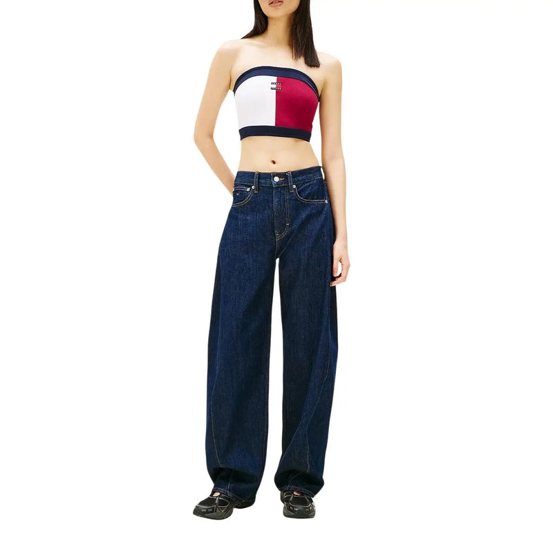 Tommy Hilfiger trägerloses Crop-Top top Damenjeans aus Bio-Baumwolle in Marineblau, Weiß und Rot mit schwarzem Besatz, Bordeaux-Stil top